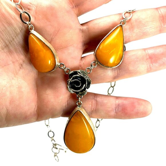 VTG Sterling Silver 925 Baltic Amber & Rose Cable Link Y Lariat Necklace 18